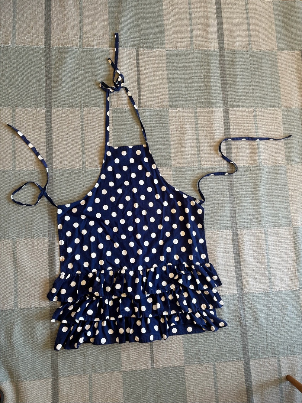 Navy Polka Dot Ruffle Apron - handmade